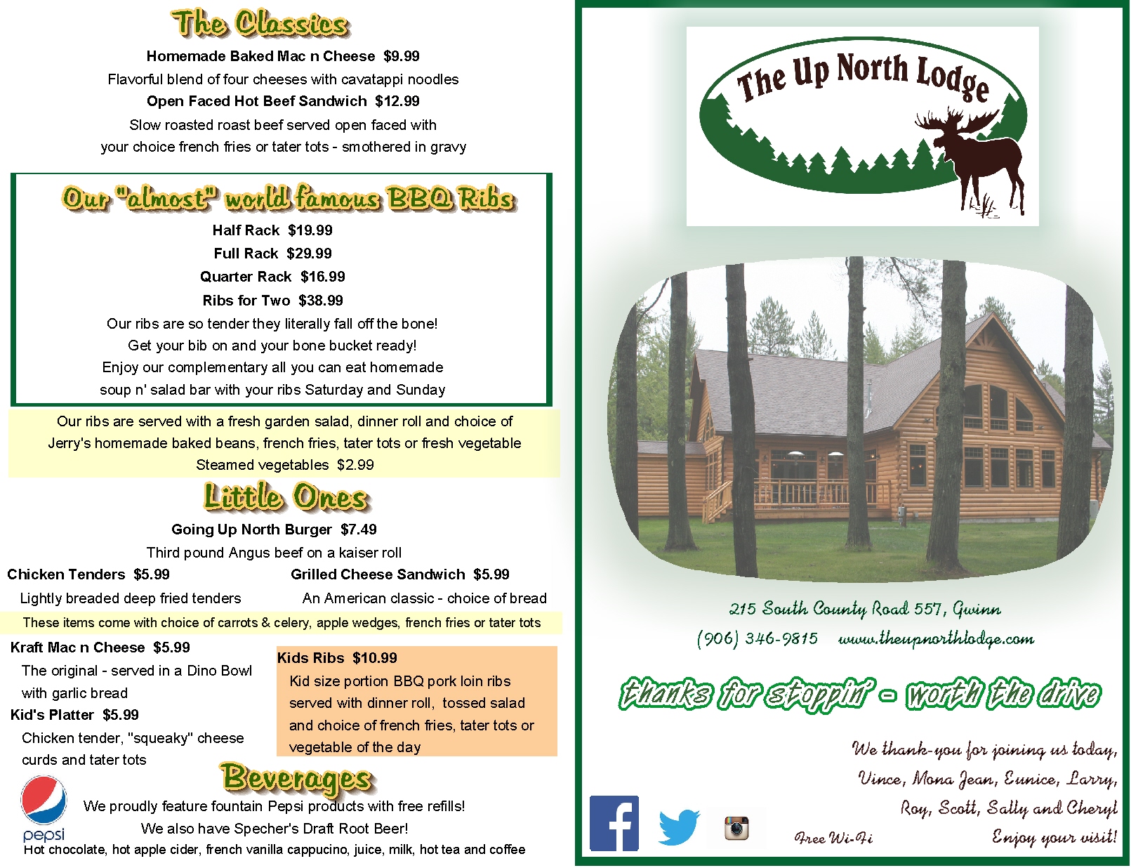 Our Menu The Up North Lodge Dining & Bar in Gwinn, MI