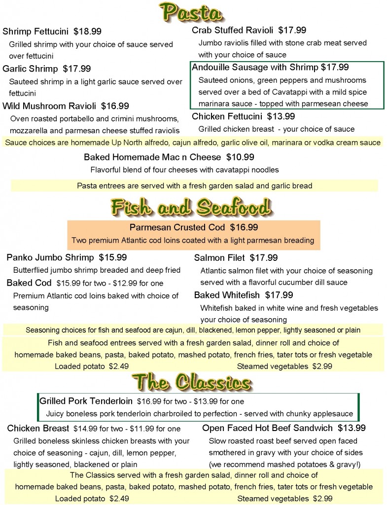 Our Menu The Up North Lodge Dining & Bar in Gwinn, MI